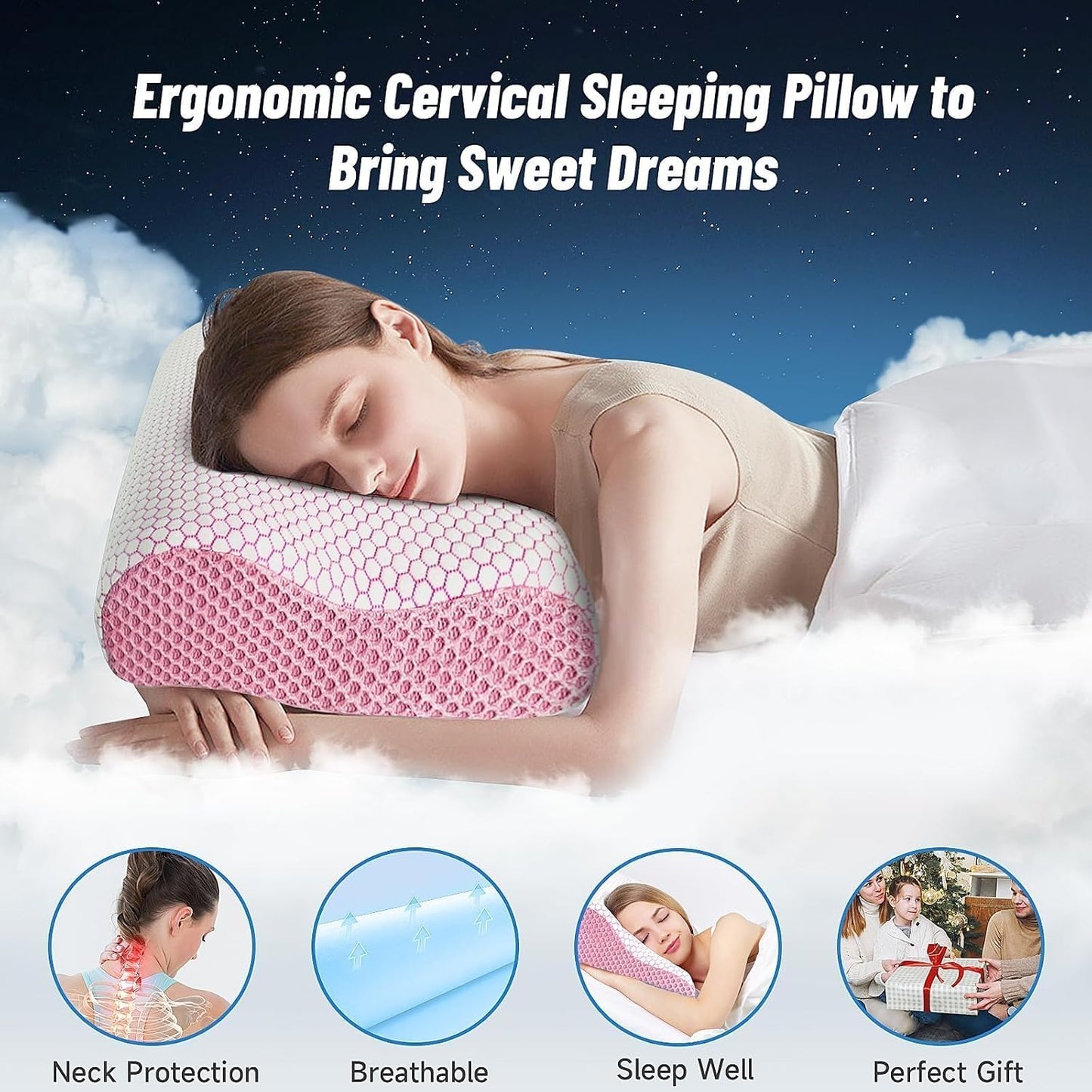 Neck Pillow for Sleeping, Ergonomic Cervical Bed Pillow, Blue Standard Size