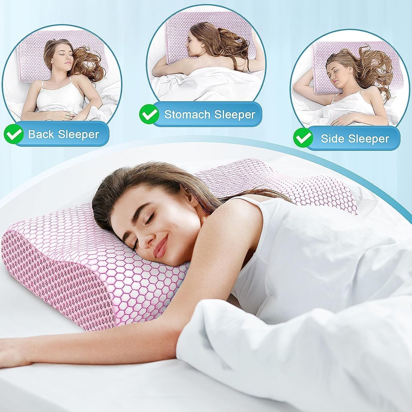 Neck Pillow for Sleeping, Ergonomic Cervical Bed Pillow, Blue Standard Size