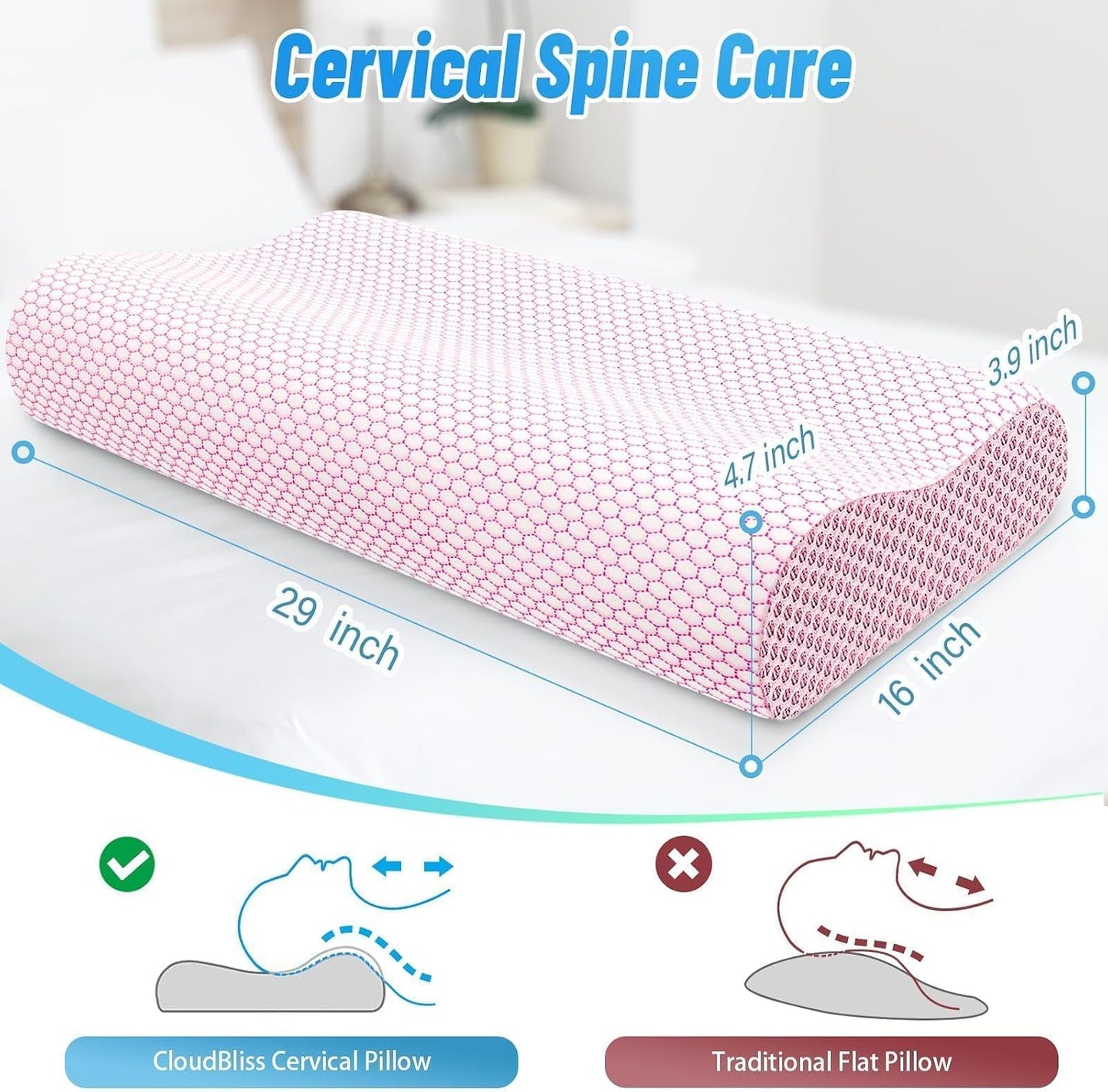 Neck Pillow for Sleeping, Ergonomic Cervical Bed Pillow, Blue Standard Size