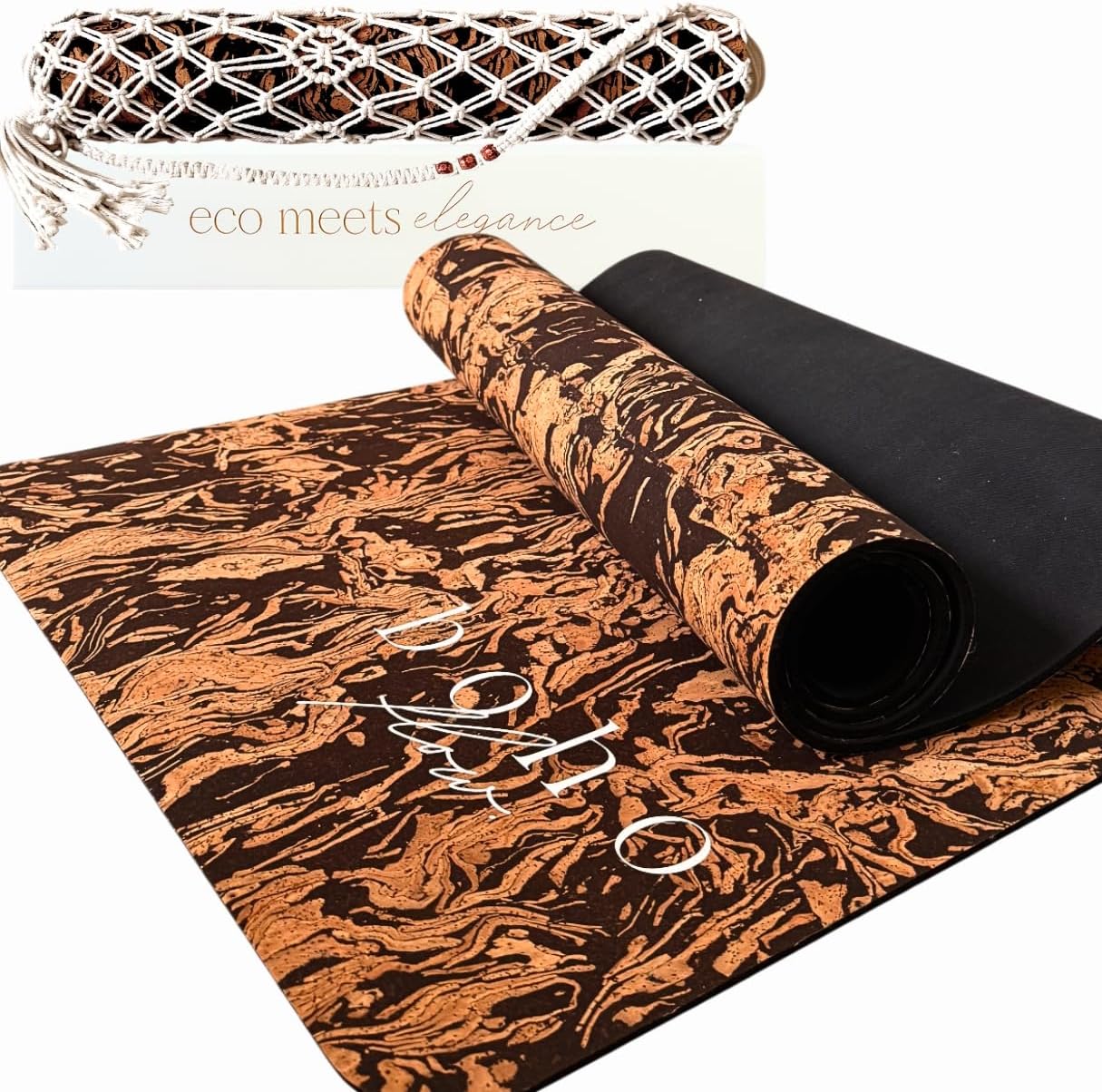 Deluxe Cork Yoga Mat – Gold, Coffee or Vegan Leather Cork Surface & Natural Rubber Base – Premium Natural & Eco Friendly Materials – Includes Signature Handmade Boho Bag