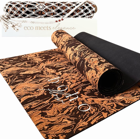 Deluxe Cork Yoga Mat – Gold, Coffee or Vegan Leather Cork Surface & Natural Rubber Base – Premium Natural & Eco Friendly Materials – Includes Signature Handmade Boho Bag