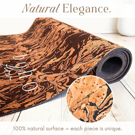 Deluxe Cork Yoga Mat – Gold, Coffee or Vegan Leather Cork Surface & Natural Rubber Base – Premium Natural & Eco Friendly Materials – Includes Signature Handmade Boho Bag