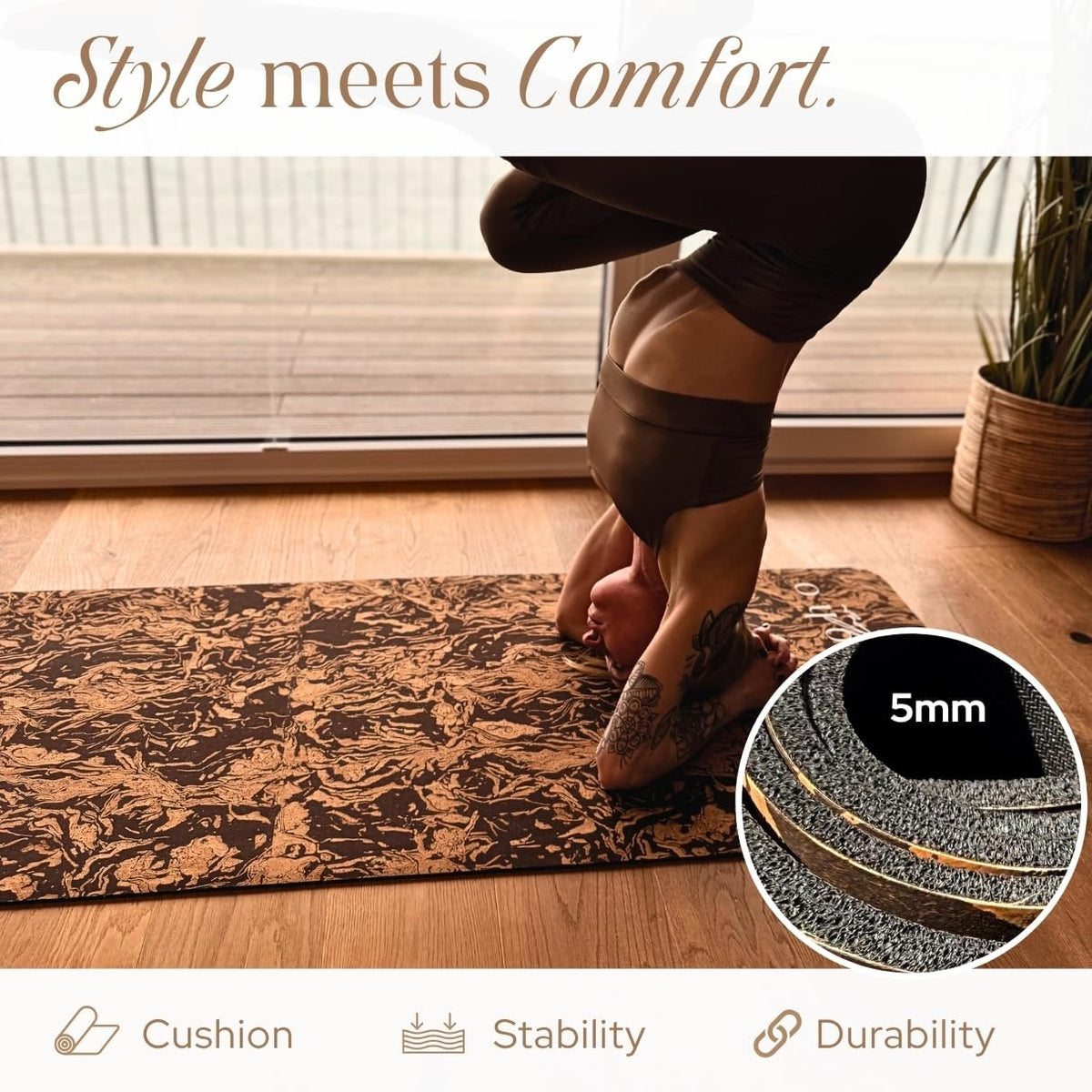 Deluxe Cork Yoga Mat – Gold, Coffee or Vegan Leather Cork Surface & Natural Rubber Base – Premium Natural & Eco Friendly Materials – Includes Signature Handmade Boho Bag