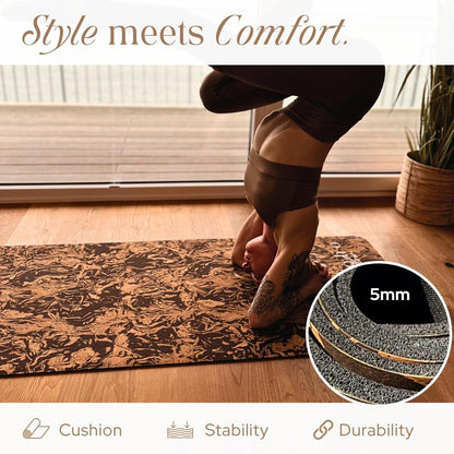 Deluxe Cork Yoga Mat – Gold, Coffee or Vegan Leather Cork Surface & Natural Rubber Base – Premium Natural & Eco Friendly Materials – Includes Signature Handmade Boho Bag