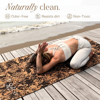 Deluxe Cork Yoga Mat – Gold, Coffee or Vegan Leather Cork Surface & Natural Rubber Base – Premium Natural & Eco Friendly Materials – Includes Signature Handmade Boho Bag