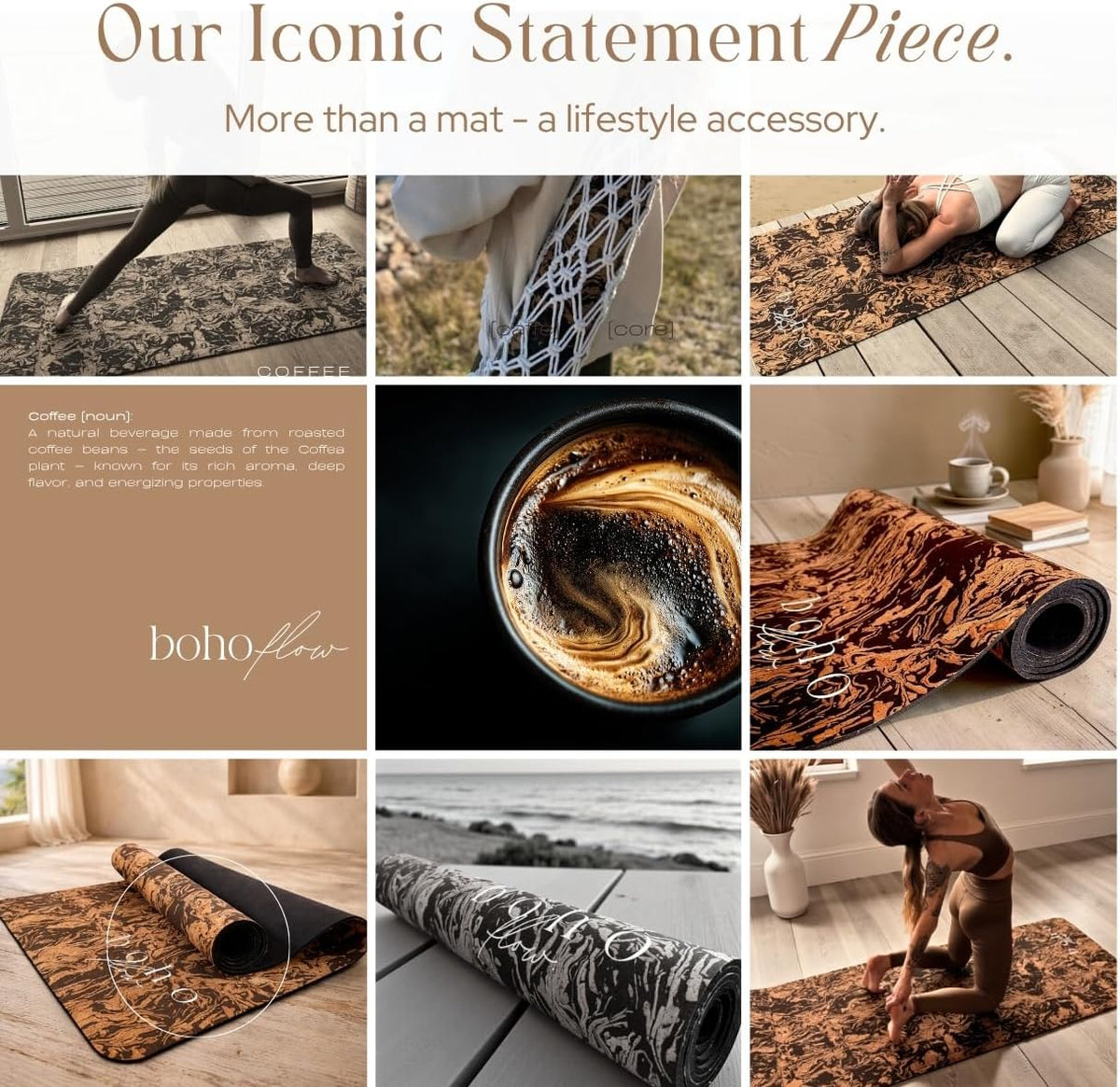 Deluxe Cork Yoga Mat – Gold, Coffee or Vegan Leather Cork Surface & Natural Rubber Base – Premium Natural & Eco Friendly Materials – Includes Signature Handmade Boho Bag