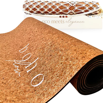 Deluxe Cork Yoga Mat – Gold, Coffee or Vegan Leather Cork Surface & Natural Rubber Base – Premium Natural & Eco Friendly Materials – Includes Signature Handmade Boho Bag