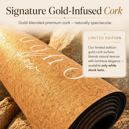 Deluxe Cork Yoga Mat – Gold, Coffee or Vegan Leather Cork Surface & Natural Rubber Base – Premium Natural & Eco Friendly Materials – Includes Signature Handmade Boho Bag