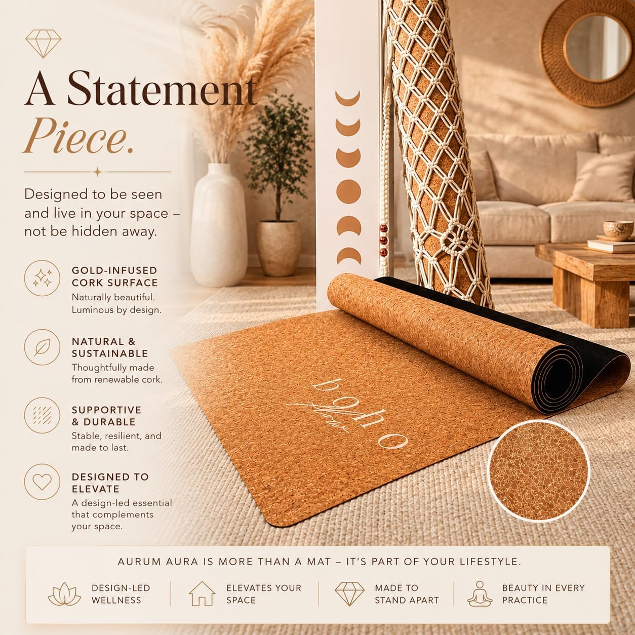 Deluxe Cork Yoga Mat – Gold, Coffee or Vegan Leather Cork Surface & Natural Rubber Base – Premium Natural & Eco Friendly Materials – Includes Signature Handmade Boho Bag