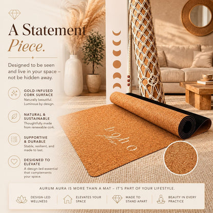 Deluxe Cork Yoga Mat – Gold, Coffee or Vegan Leather Cork Surface & Natural Rubber Base – Premium Natural & Eco Friendly Materials – Includes Signature Handmade Boho Bag
