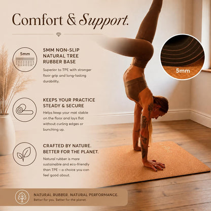 Deluxe Cork Yoga Mat – Gold, Coffee or Vegan Leather Cork Surface & Natural Rubber Base – Premium Natural & Eco Friendly Materials – Includes Signature Handmade Boho Bag