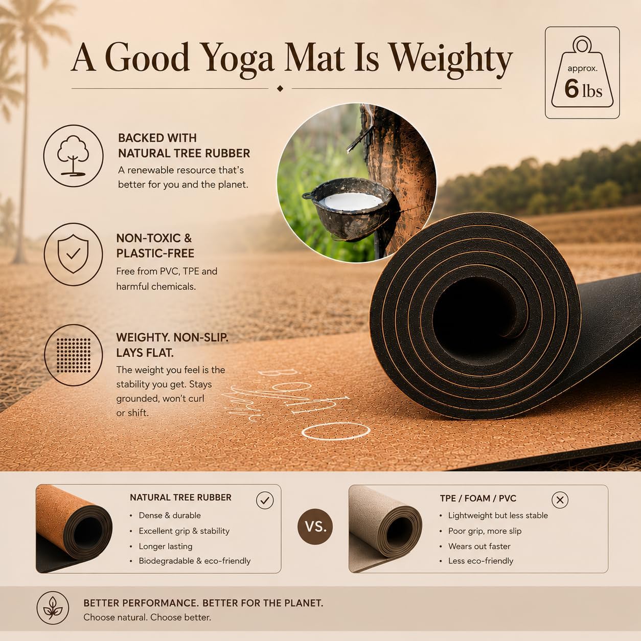 Deluxe Cork Yoga Mat – Gold, Coffee or Vegan Leather Cork Surface & Natural Rubber Base – Premium Natural & Eco Friendly Materials – Includes Signature Handmade Boho Bag