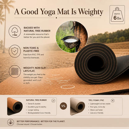 Deluxe Cork Yoga Mat – Gold, Coffee or Vegan Leather Cork Surface & Natural Rubber Base – Premium Natural & Eco Friendly Materials – Includes Signature Handmade Boho Bag