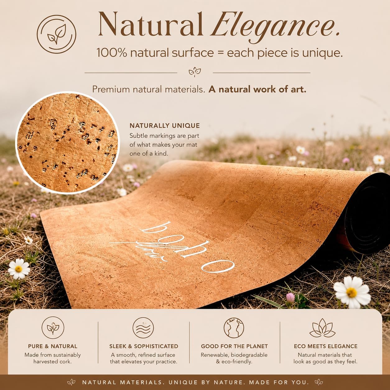 Deluxe Cork Yoga Mat – Gold, Coffee or Vegan Leather Cork Surface & Natural Rubber Base – Premium Natural & Eco Friendly Materials – Includes Signature Handmade Boho Bag
