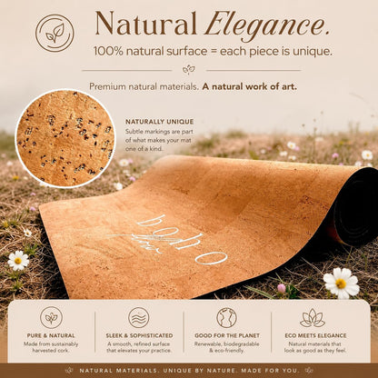 Deluxe Cork Yoga Mat – Gold, Coffee or Vegan Leather Cork Surface & Natural Rubber Base – Premium Natural & Eco Friendly Materials – Includes Signature Handmade Boho Bag