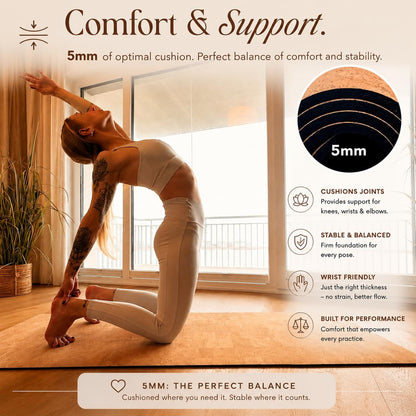 Deluxe Cork Yoga Mat – Gold, Coffee or Vegan Leather Cork Surface & Natural Rubber Base – Premium Natural & Eco Friendly Materials – Includes Signature Handmade Boho Bag