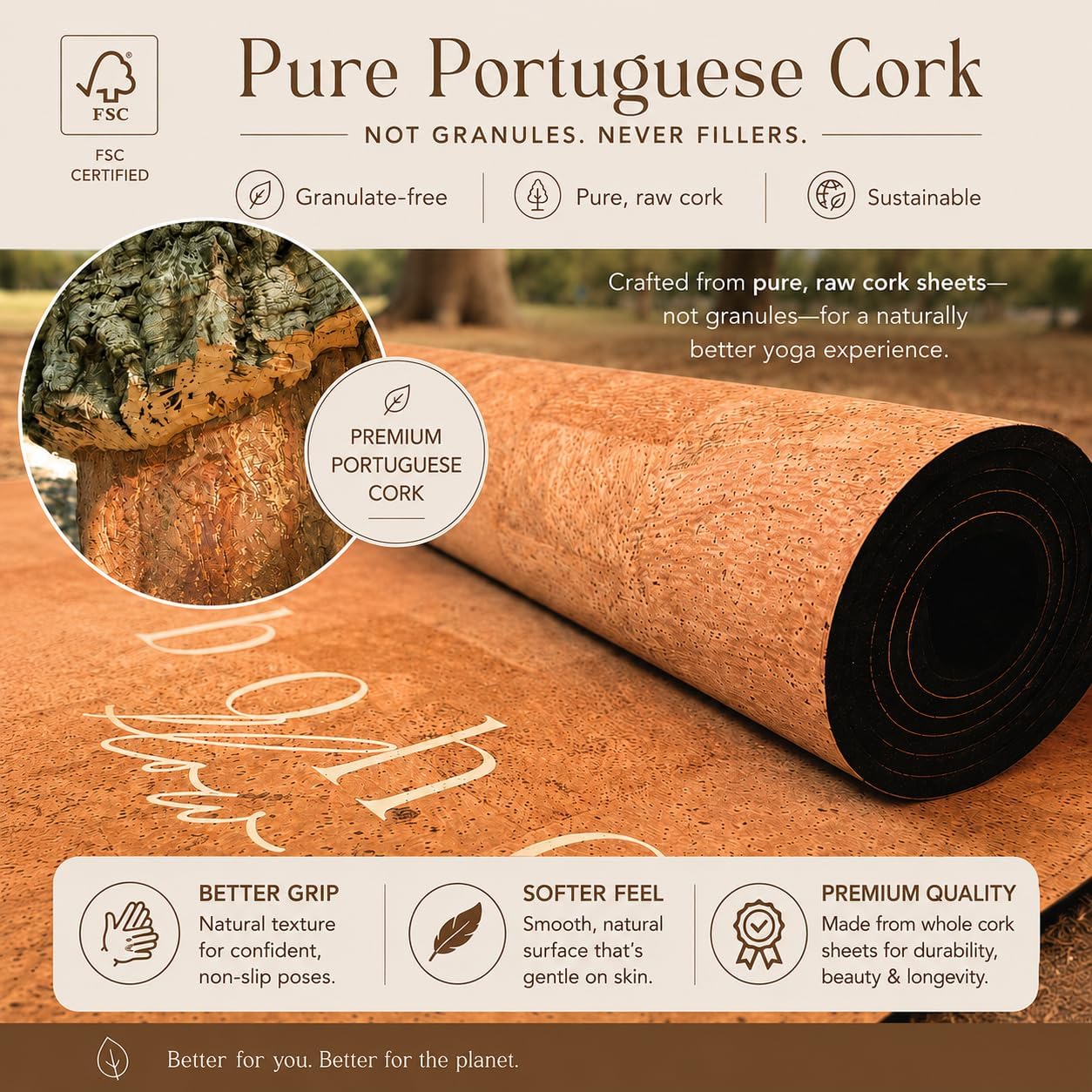 Deluxe Cork Yoga Mat – Gold, Coffee or Vegan Leather Cork Surface & Natural Rubber Base – Premium Natural & Eco Friendly Materials – Includes Signature Handmade Boho Bag