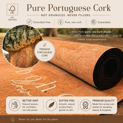 Deluxe Cork Yoga Mat – Gold, Coffee or Vegan Leather Cork Surface & Natural Rubber Base – Premium Natural & Eco Friendly Materials – Includes Signature Handmade Boho Bag