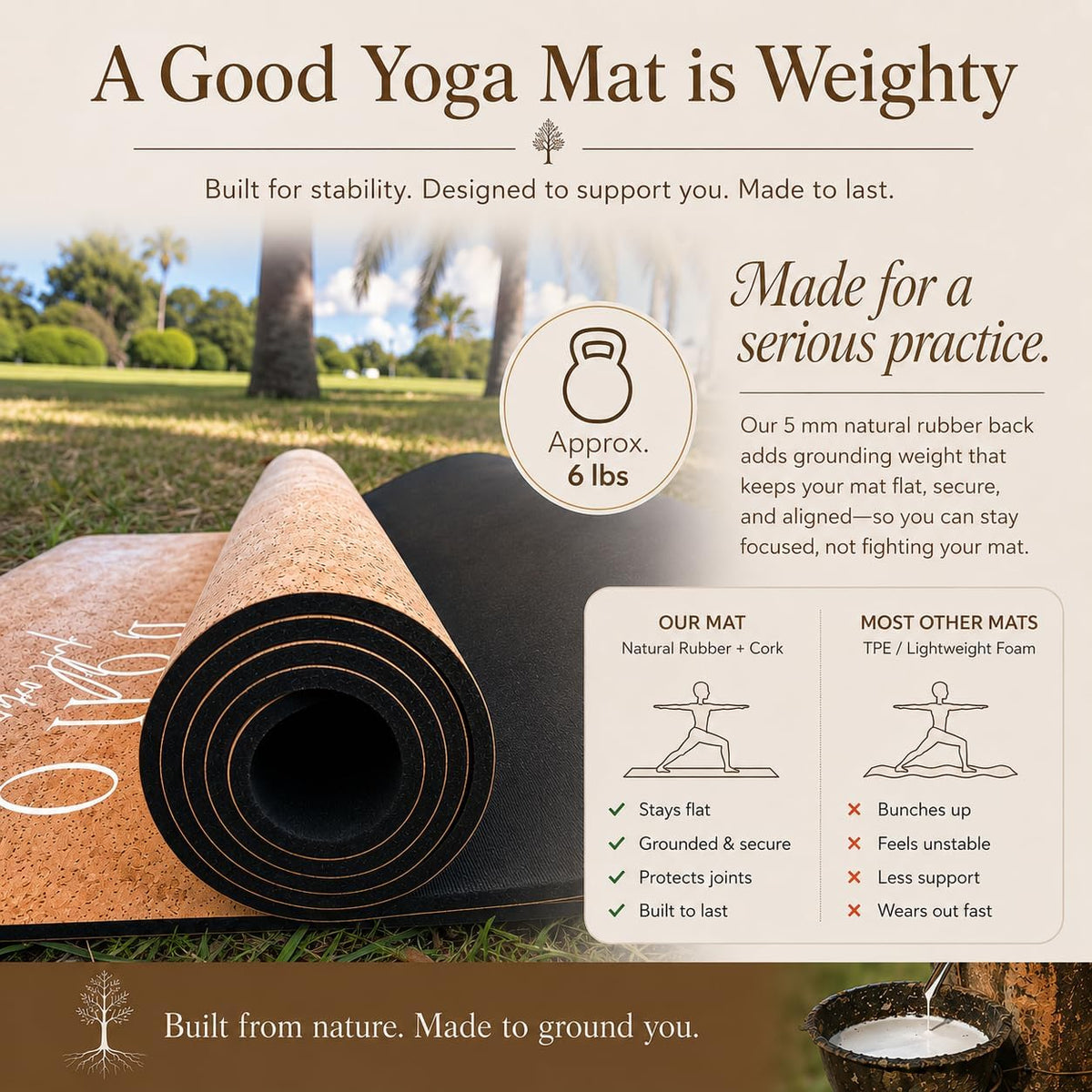 Deluxe Cork Yoga Mat – Gold, Coffee or Vegan Leather Cork Surface & Natural Rubber Base – Premium Natural & Eco Friendly Materials – Includes Signature Handmade Boho Bag