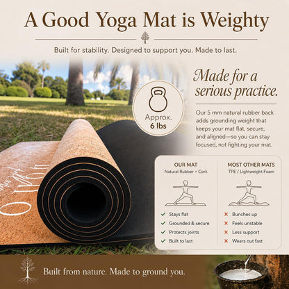 Deluxe Cork Yoga Mat – Gold, Coffee or Vegan Leather Cork Surface & Natural Rubber Base – Premium Natural & Eco Friendly Materials – Includes Signature Handmade Boho Bag