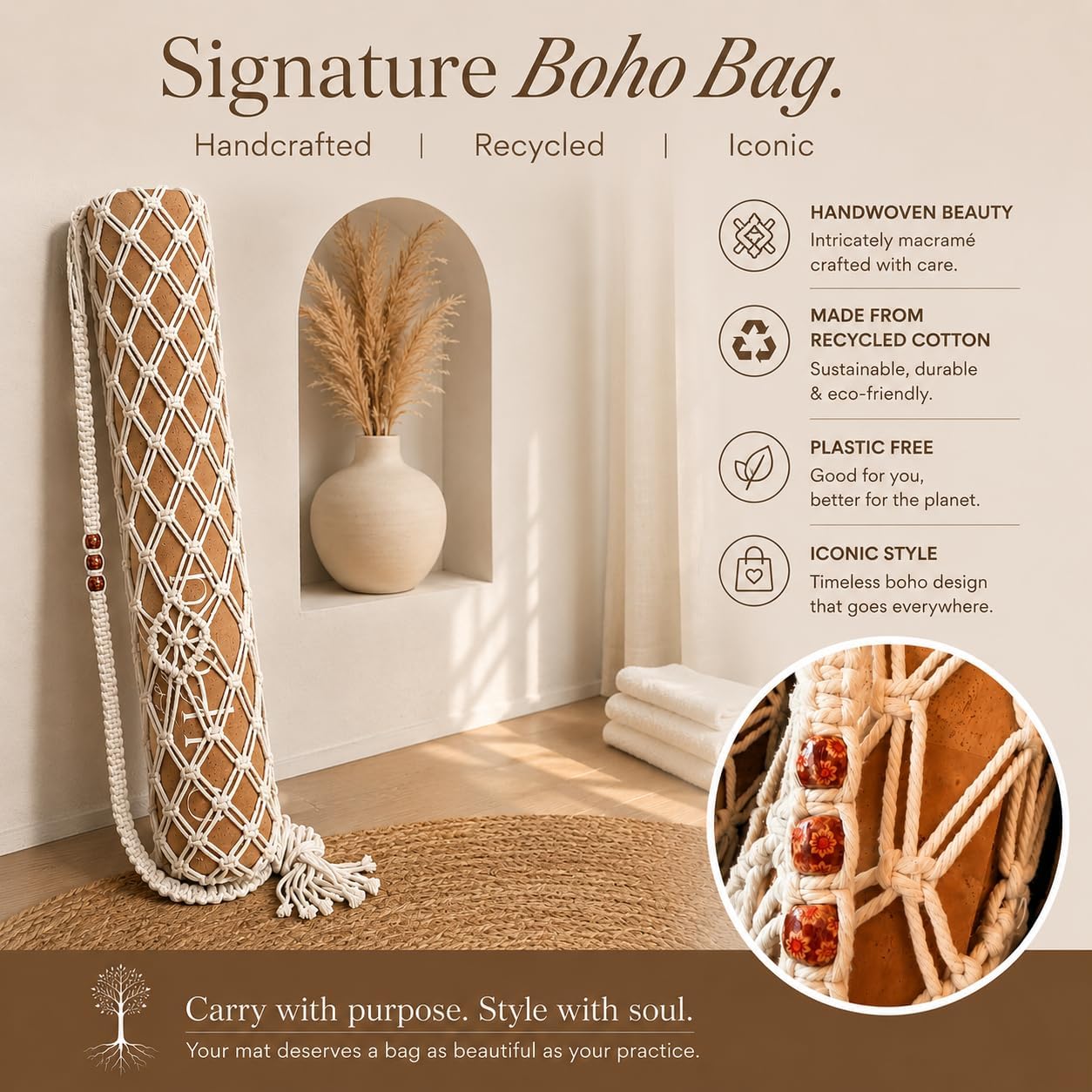 Deluxe Cork Yoga Mat – Gold, Coffee or Vegan Leather Cork Surface & Natural Rubber Base – Premium Natural & Eco Friendly Materials – Includes Signature Handmade Boho Bag
