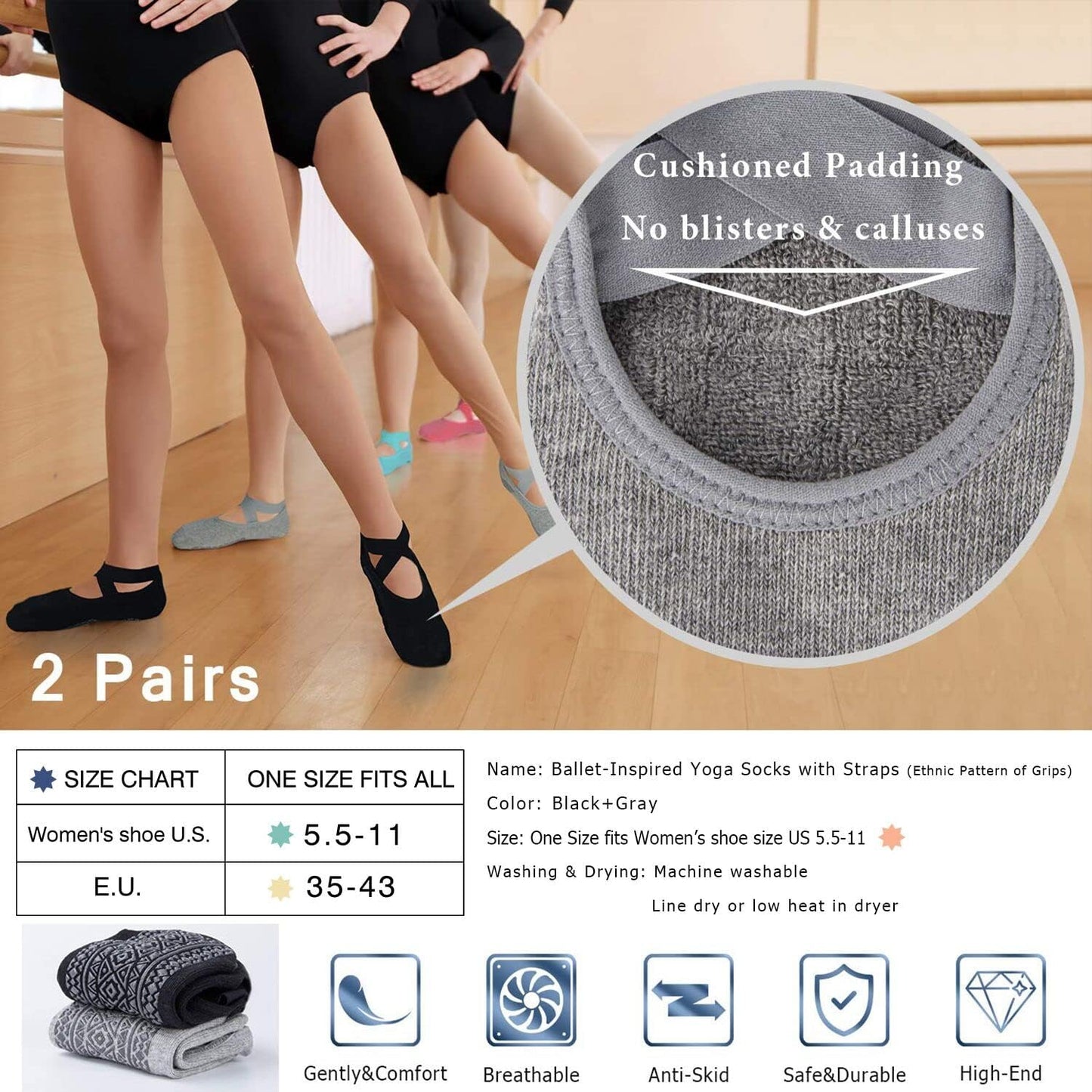 Pilates Socks for Women Non Slip Grip, Yoga Socks with Grippers for Barre, Hospital, Ballet, Dance, Barefoot Workout