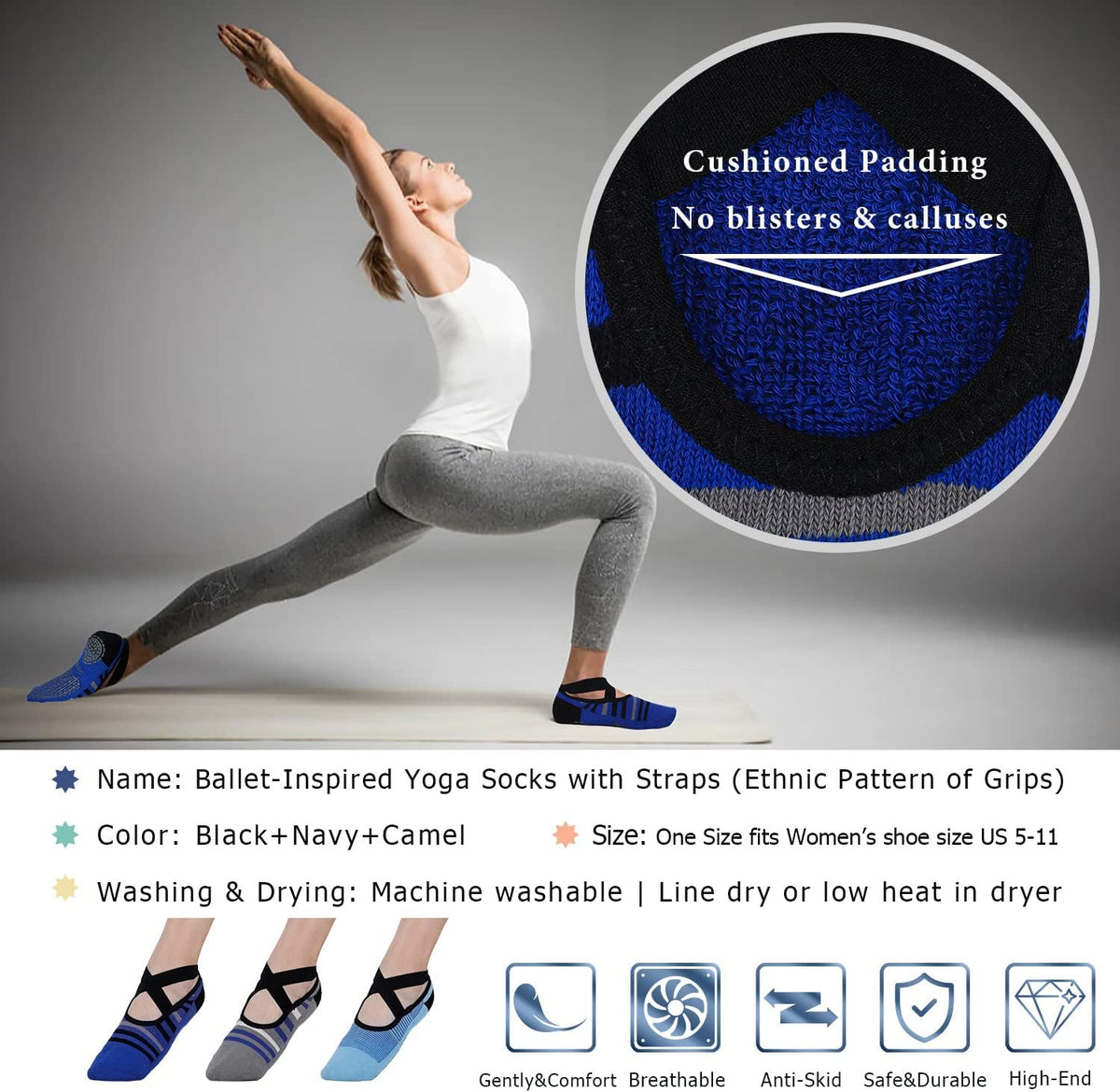 Pilates Socks for Women Non Slip Grip, Yoga Socks with Grippers for Barre, Hospital, Ballet, Dance, Barefoot Workout