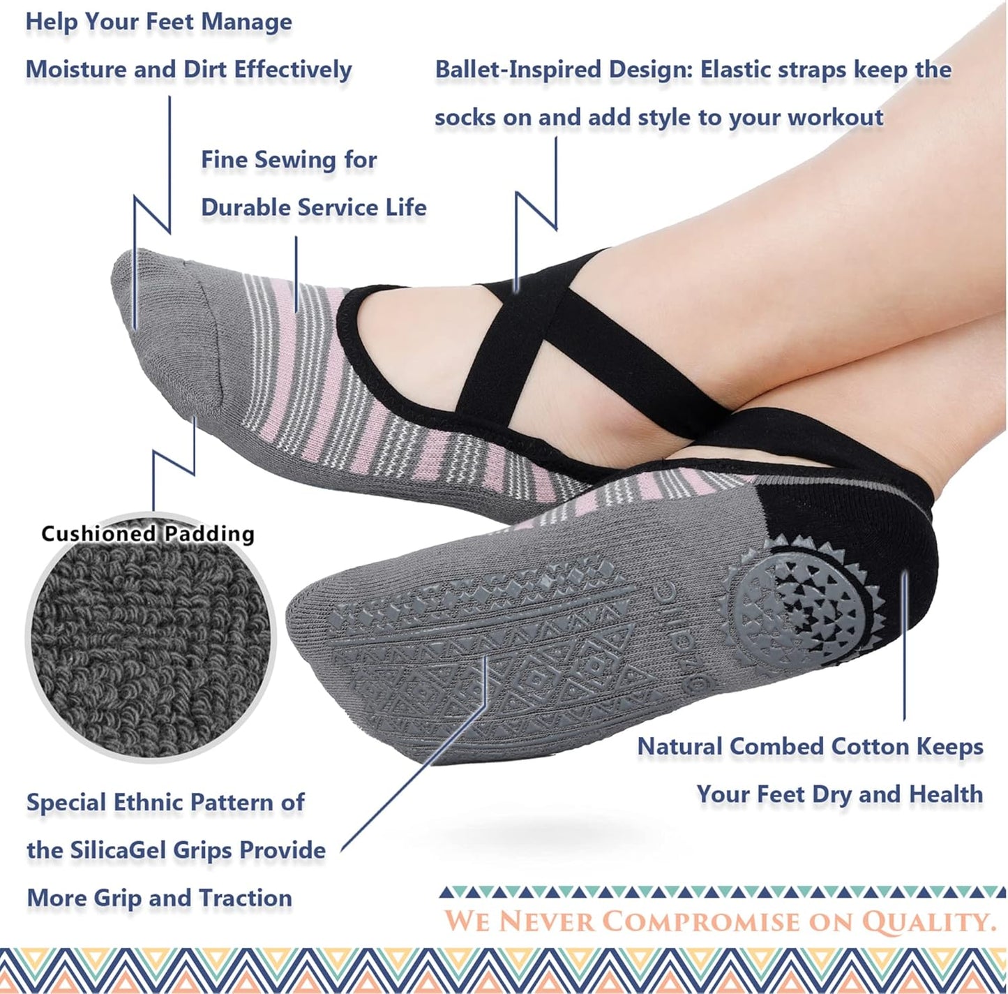 Pilates Socks for Women Non Slip Grip, Yoga Socks with Grippers for Barre, Hospital, Ballet, Dance, Barefoot Workout
