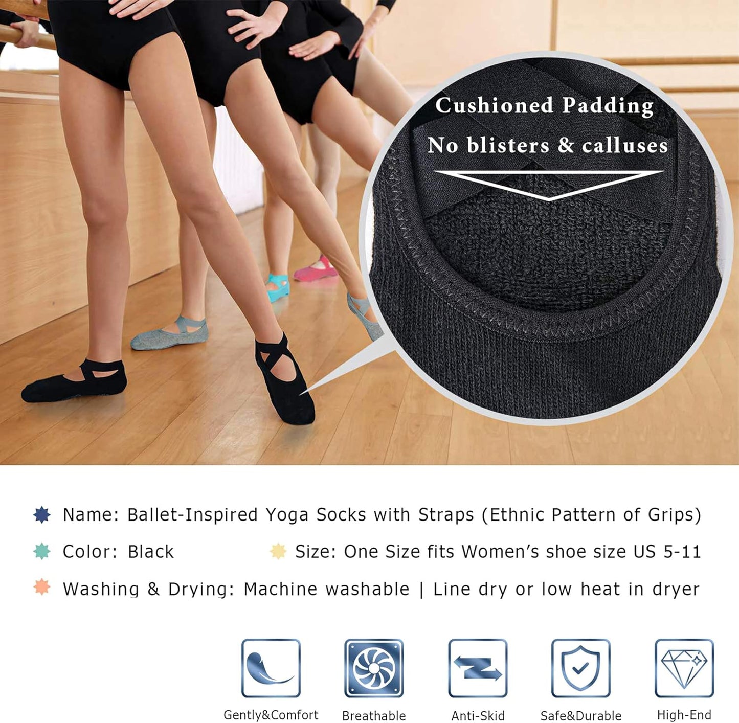 Pilates Socks for Women Non Slip Grip, Yoga Socks with Grippers for Barre, Hospital, Ballet, Dance, Barefoot Workout