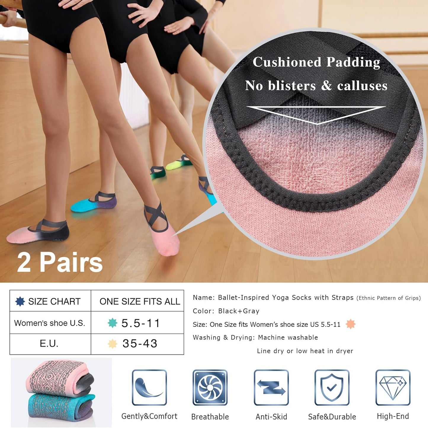 Pilates Socks for Women Non Slip Grip, Yoga Socks with Grippers for Barre, Hospital, Ballet, Dance, Barefoot Workout