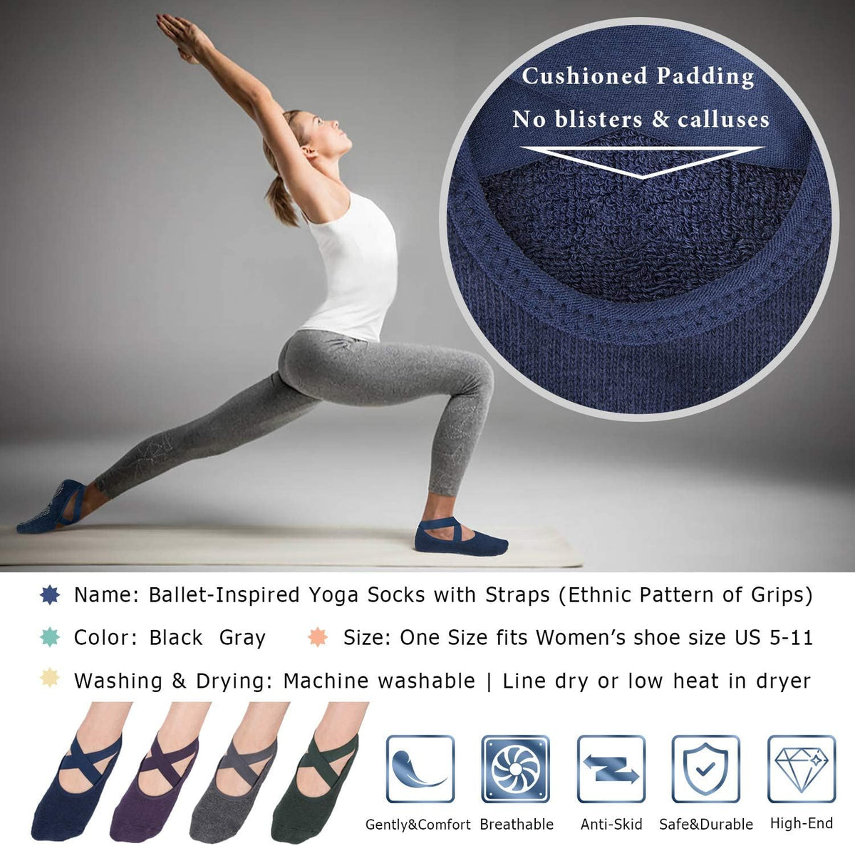 Pilates Socks for Women Non Slip Grip, Yoga Socks with Grippers for Barre, Hospital, Ballet, Dance, Barefoot Workout