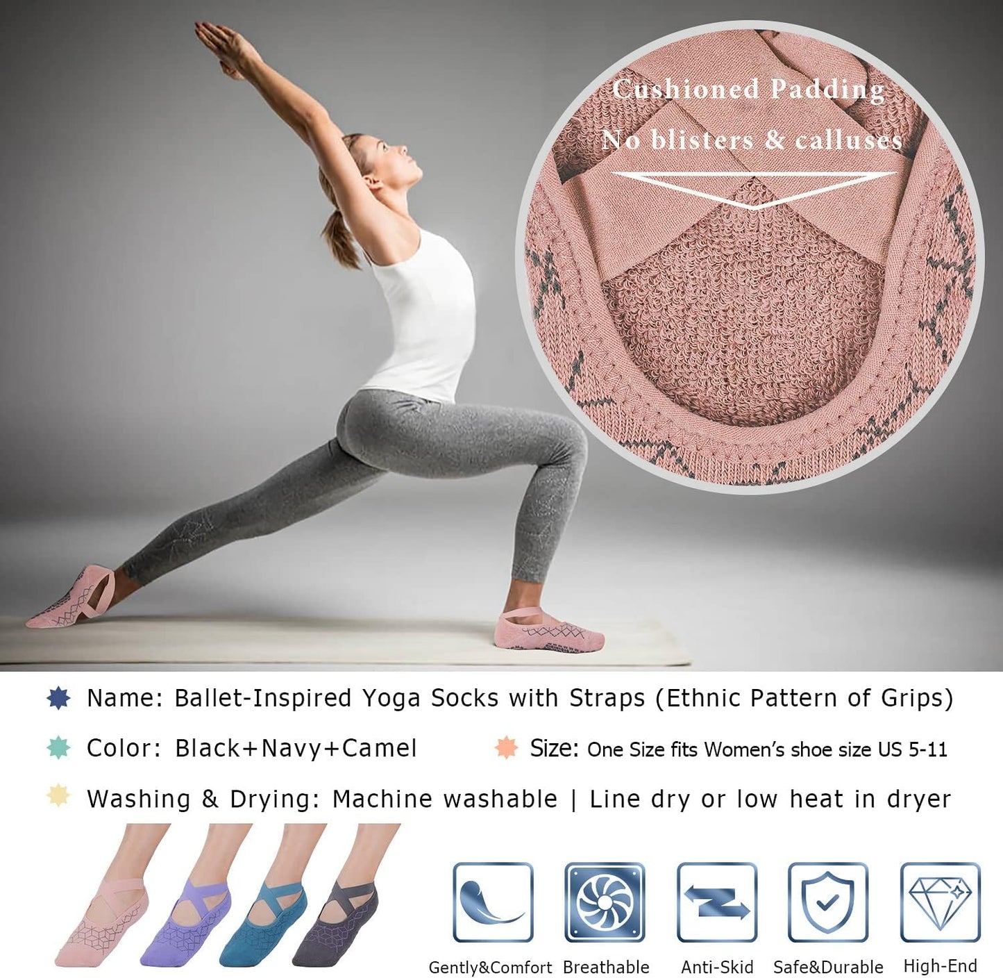 Pilates Socks for Women Non Slip Grip, Yoga Socks with Grippers for Barre, Hospital, Ballet, Dance, Barefoot Workout