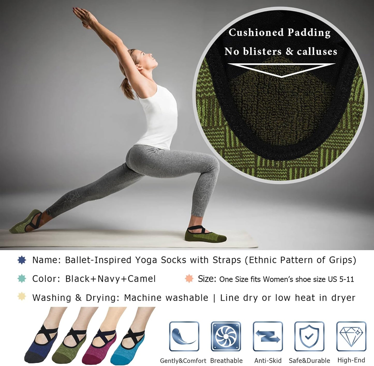 Pilates Socks for Women Non Slip Grip, Yoga Socks with Grippers for Barre, Hospital, Ballet, Dance, Barefoot Workout