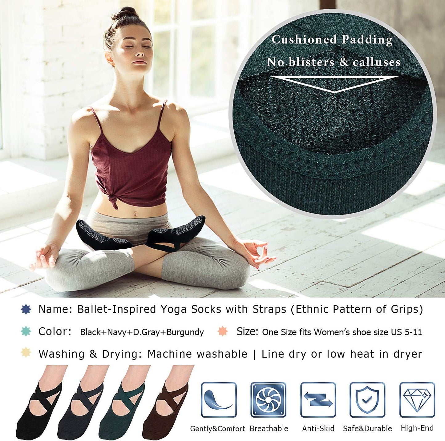 Pilates Socks for Women Non Slip Grip, Yoga Socks with Grippers for Barre, Hospital, Ballet, Dance, Barefoot Workout