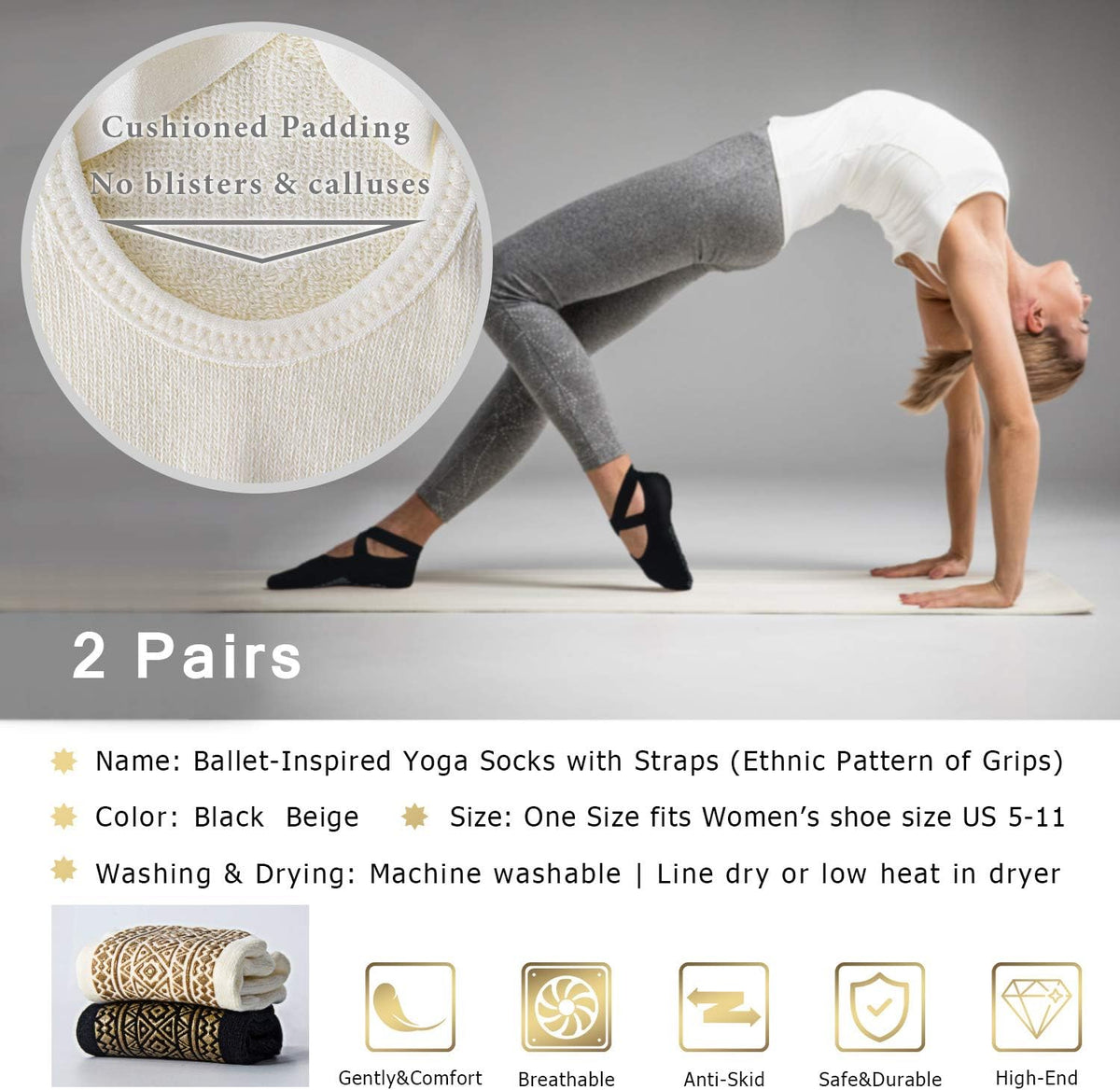 Pilates Socks for Women Non Slip Grip, Yoga Socks with Grippers for Barre, Hospital, Ballet, Dance, Barefoot Workout