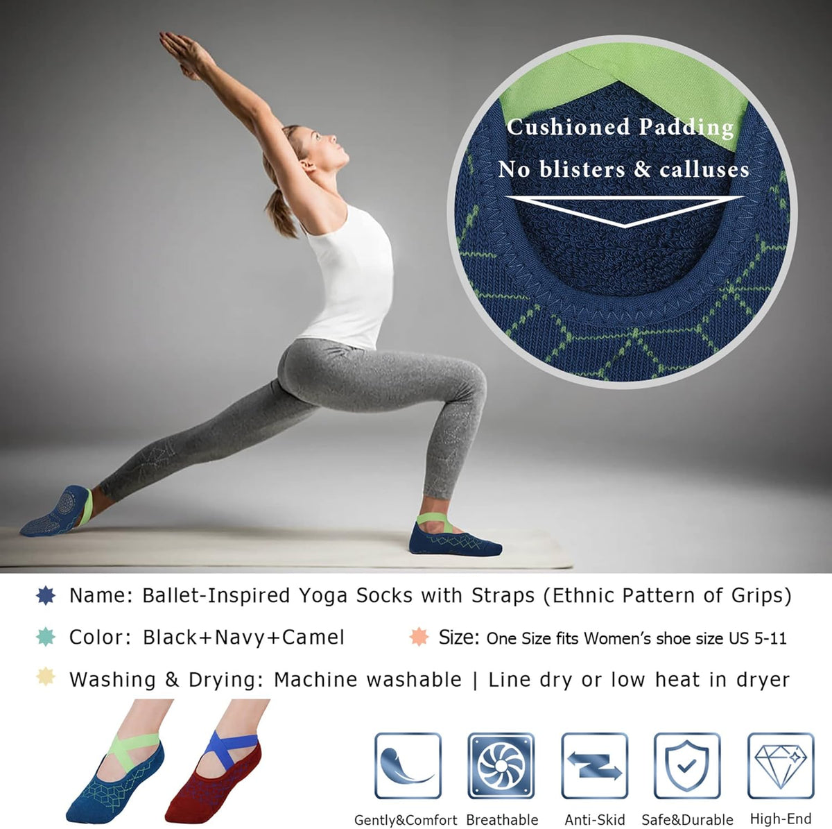 Pilates Socks for Women Non Slip Grip, Yoga Socks with Grippers for Barre, Hospital, Ballet, Dance, Barefoot Workout