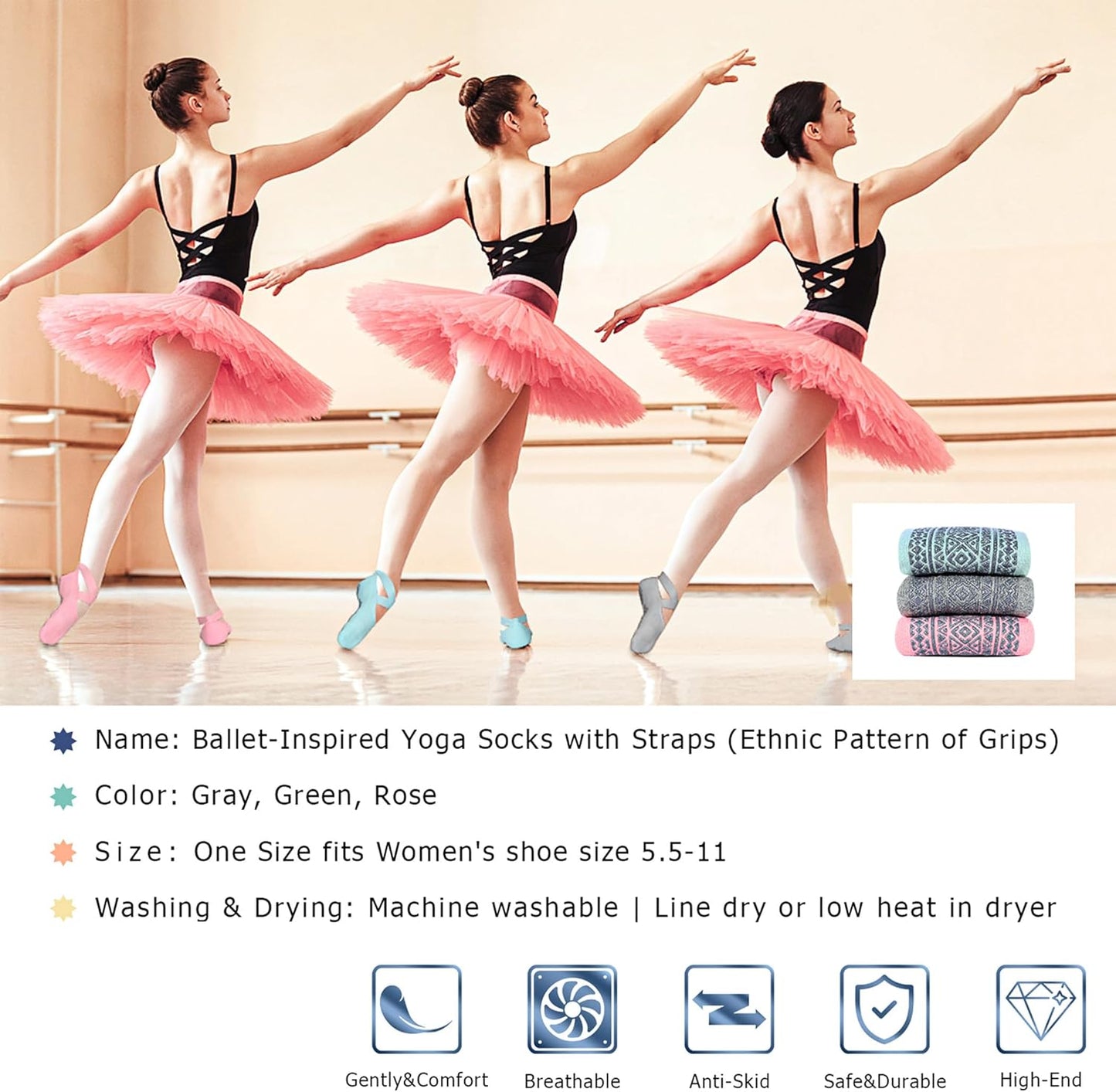 Pilates Socks for Women Non Slip Grip, Yoga Socks with Grippers for Barre, Hospital, Ballet, Dance, Barefoot Workout