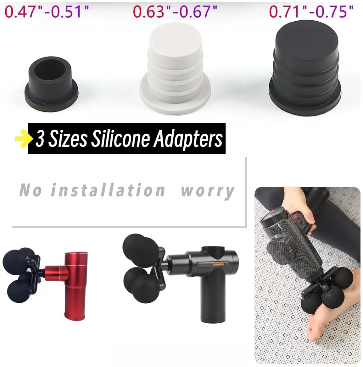 Massager Head with 4 Round Balls Massage Gun Soft Heads Replacement 4 Balls Massage Head with 3 Sizes Silicone Adapters