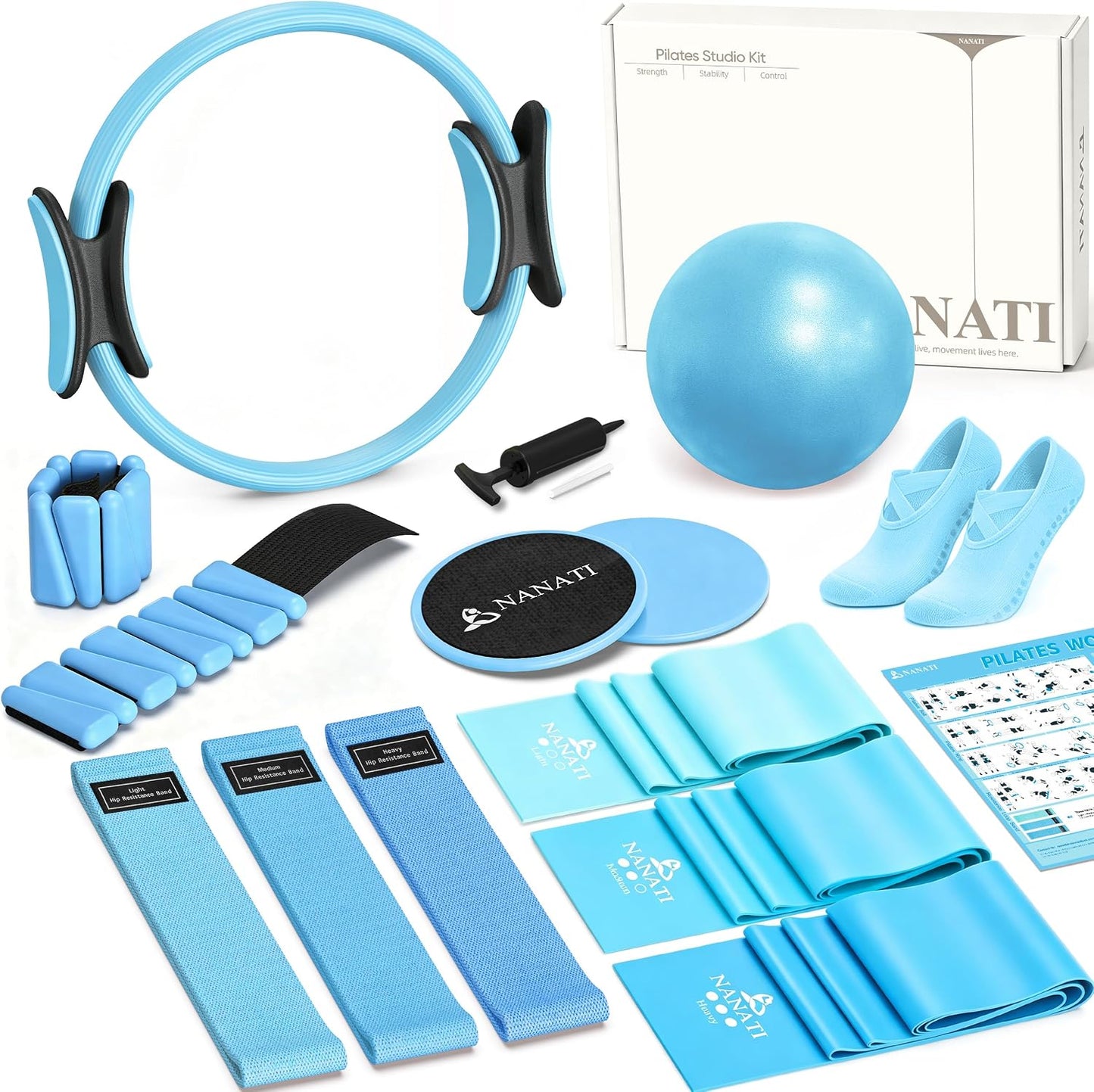 Pilates Kit, Home Pilates Workout Kit for Women, Pilates Equipment with 14.5" Pilates Ring and Ball, Resistance Bands, Ankle Weights, Sliders & Grip Socks for Home Workouts
