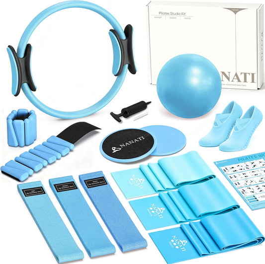 Pilates Kit, Home Pilates Workout Kit for Women, Pilates Equipment with 14.5" Pilates Ring and Ball, Resistance Bands, Ankle Weights, Sliders & Grip Socks for Home Workouts