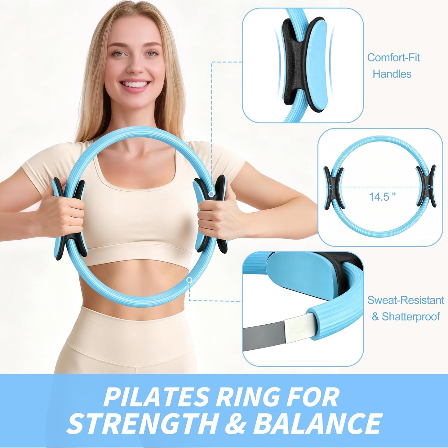 Pilates Kit, Home Pilates Workout Kit for Women, Pilates Equipment with 14.5" Pilates Ring and Ball, Resistance Bands, Ankle Weights, Sliders & Grip Socks for Home Workouts