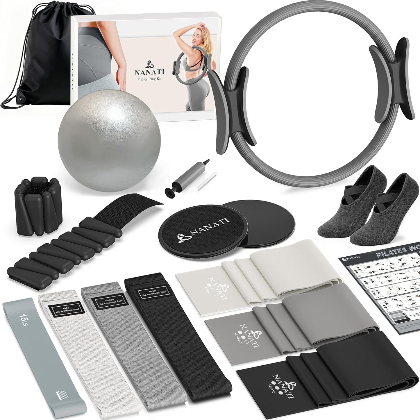 Pilates Kit, Home Pilates Workout Kit for Women, Pilates Equipment with 14.5" Pilates Ring and Ball, Resistance Bands, Ankle Weights, Sliders & Grip Socks for Home Workouts