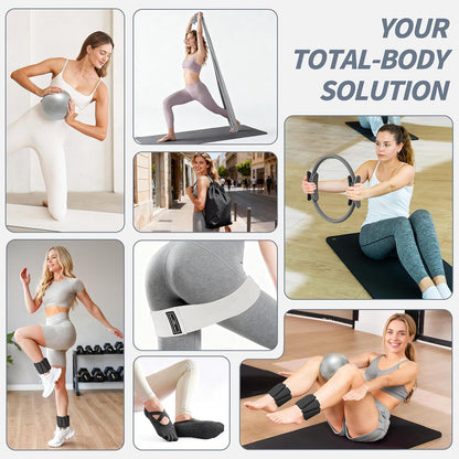 Pilates Kit, Home Pilates Workout Kit for Women, Pilates Equipment with 14.5" Pilates Ring and Ball, Resistance Bands, Ankle Weights, Sliders & Grip Socks for Home Workouts
