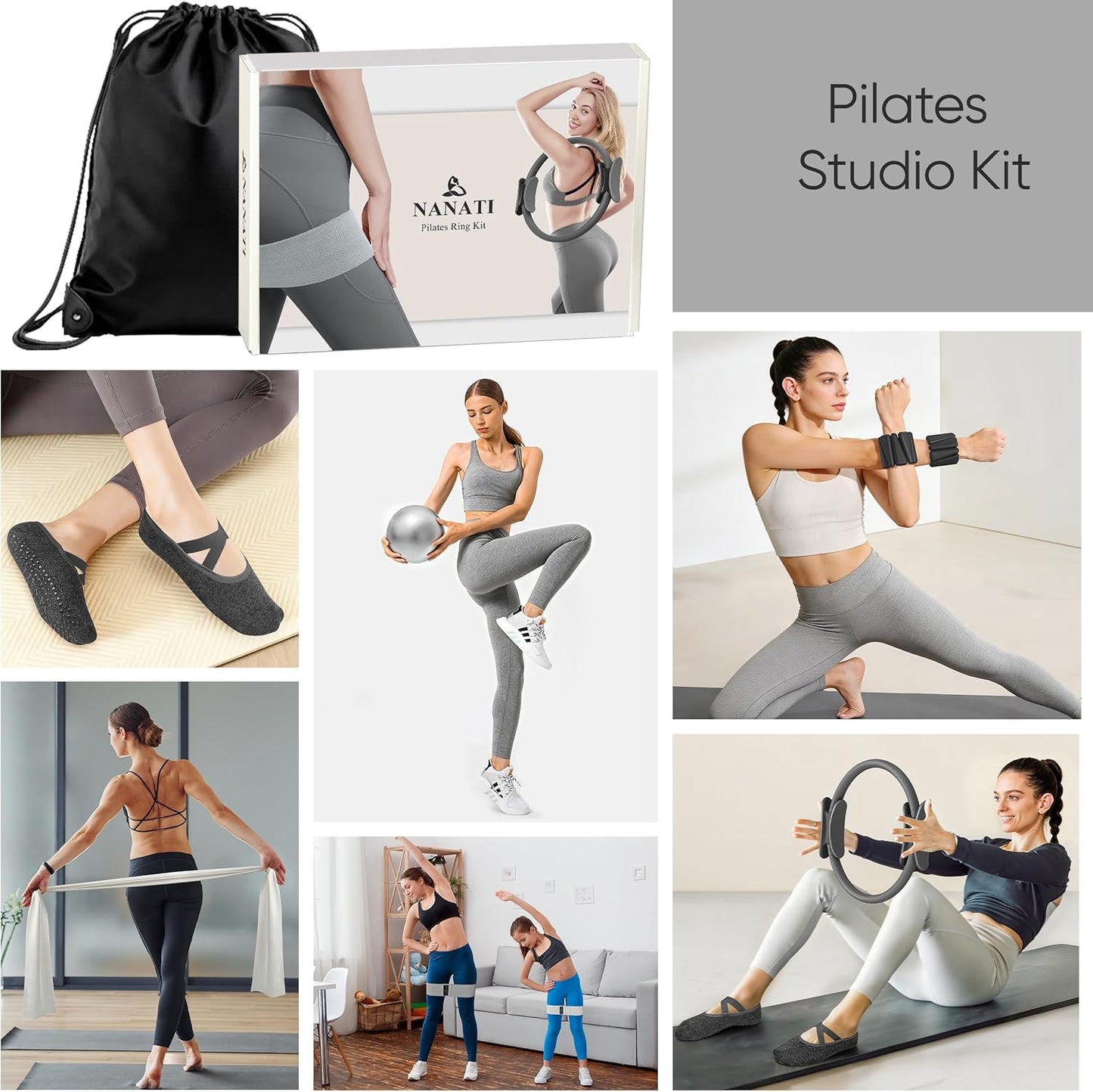 Pilates Kit, Home Pilates Workout Kit for Women, Pilates Equipment with 14.5" Pilates Ring and Ball, Resistance Bands, Ankle Weights, Sliders & Grip Socks for Home Workouts