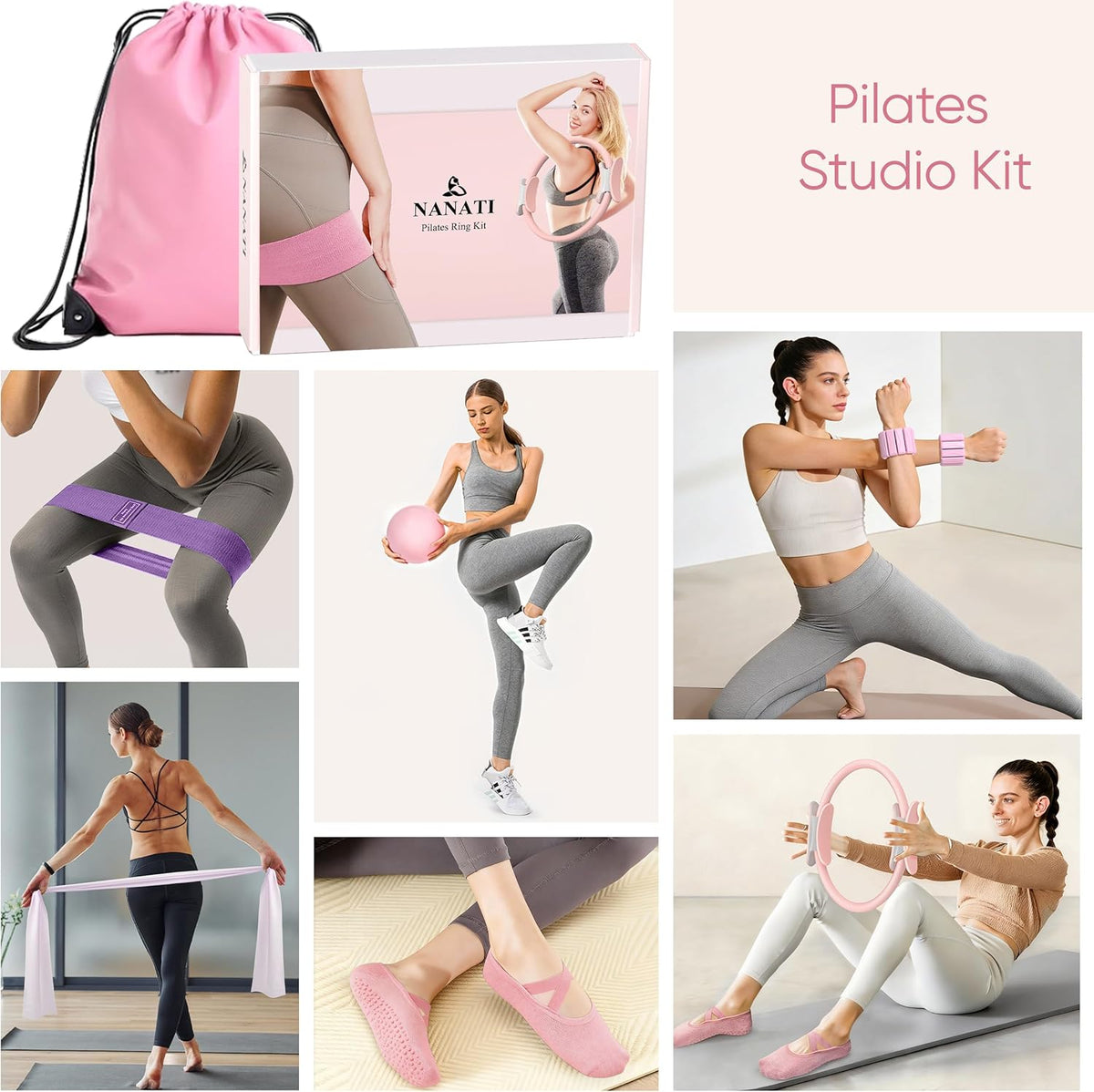 Pilates Kit, Home Pilates Workout Kit for Women, Pilates Equipment with 14.5" Pilates Ring and Ball, Resistance Bands, Ankle Weights, Sliders & Grip Socks for Home Workouts