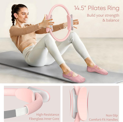 Pilates Kit, Home Pilates Workout Kit for Women, Pilates Equipment with 14.5" Pilates Ring and Ball, Resistance Bands, Ankle Weights, Sliders & Grip Socks for Home Workouts