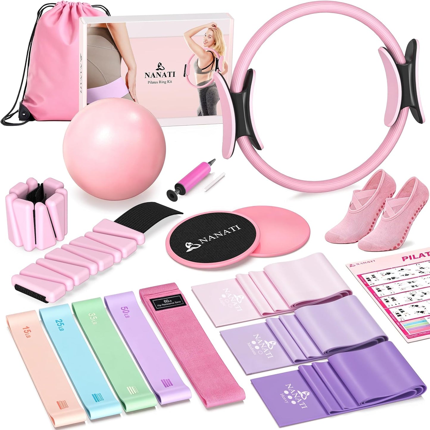 Pilates Kit, Home Pilates Workout Kit for Women, Pilates Equipment with 14.5" Pilates Ring and Ball, Resistance Bands, Ankle Weights, Sliders & Grip Socks for Home Workouts