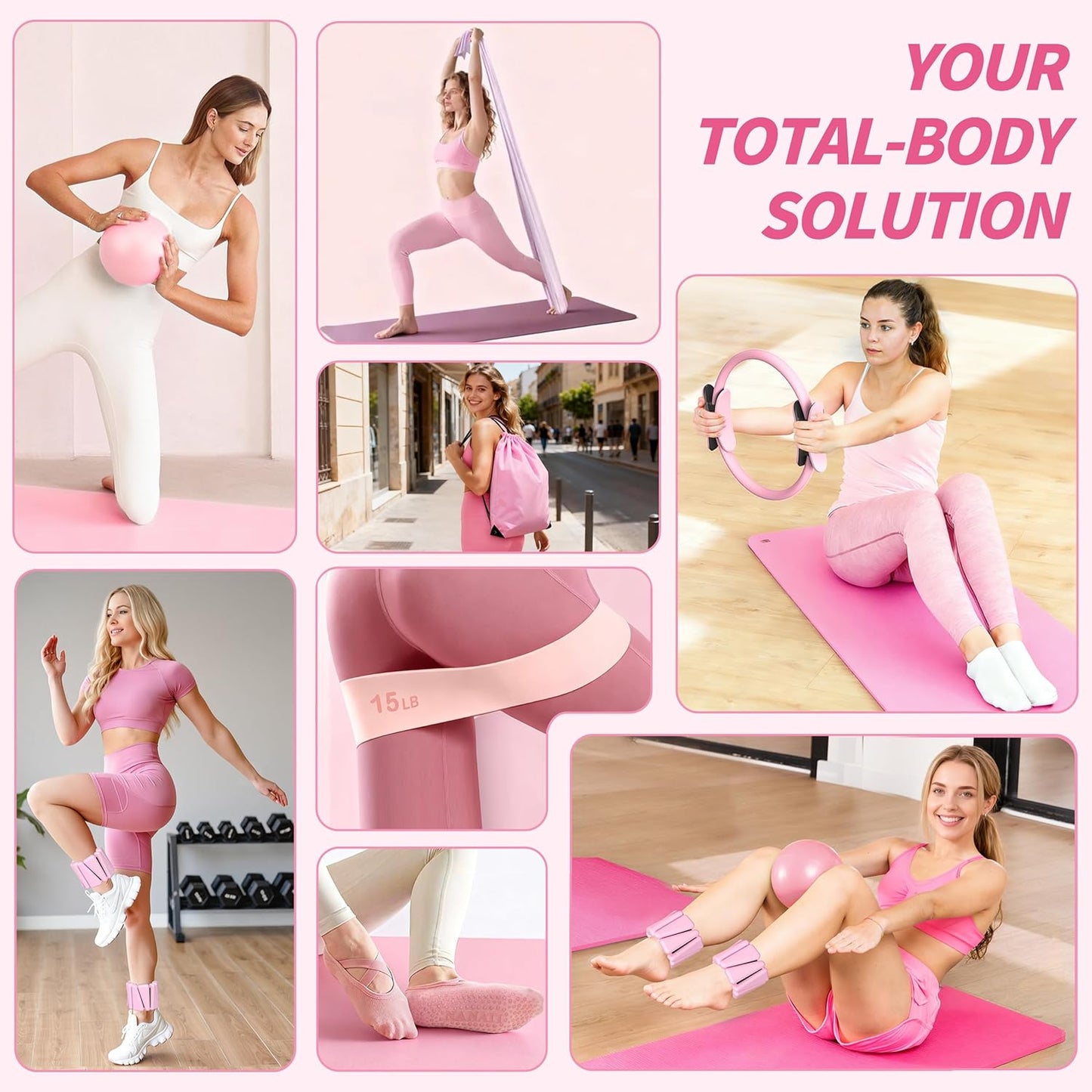 Pilates Kit, Home Pilates Workout Kit for Women, Pilates Equipment with 14.5" Pilates Ring and Ball, Resistance Bands, Ankle Weights, Sliders & Grip Socks for Home Workouts