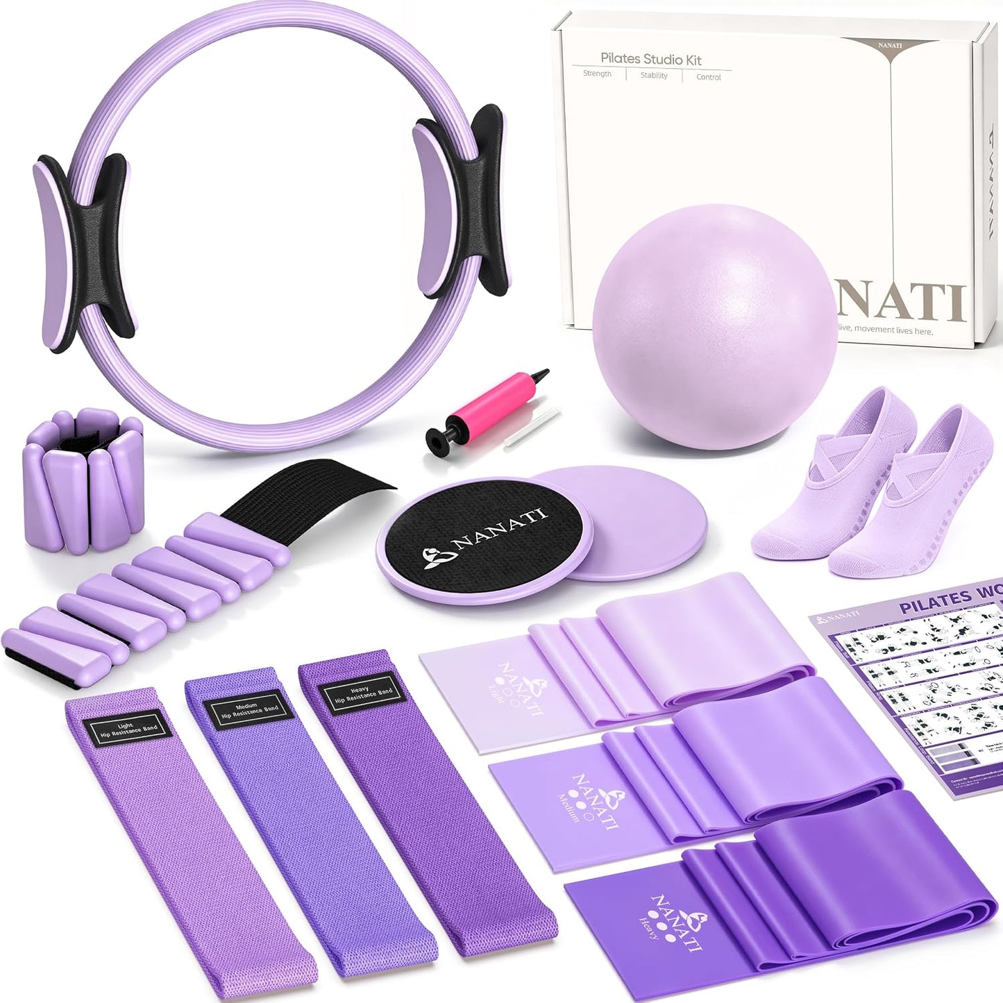 Pilates Kit, Home Pilates Workout Kit for Women, Pilates Equipment with 14.5" Pilates Ring and Ball, Resistance Bands, Ankle Weights, Sliders & Grip Socks for Home Workouts