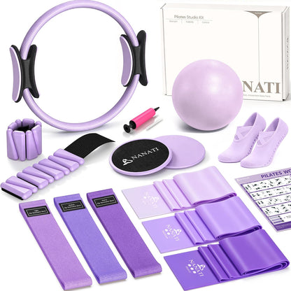Pilates Kit, Home Pilates Workout Kit for Women, Pilates Equipment with 14.5" Pilates Ring and Ball, Resistance Bands, Ankle Weights, Sliders & Grip Socks for Home Workouts